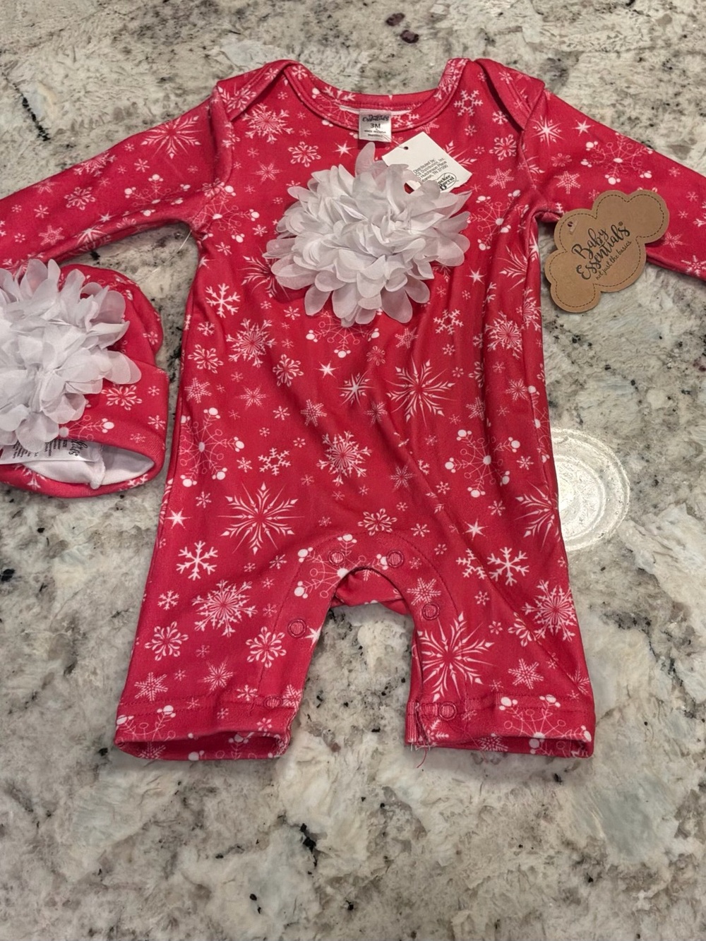 Baby Essentials Red Snowflake One-Piece with White Floral Accent